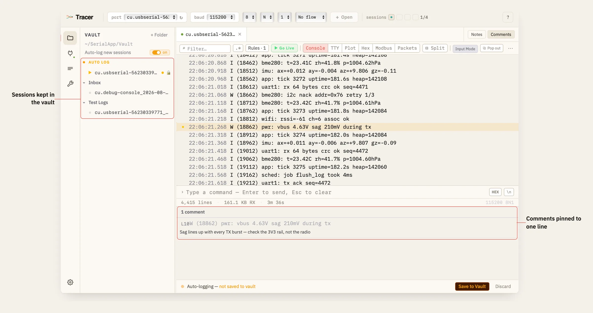 The vault sidebar showing saved session folders, and a comment pinned to one line of the log